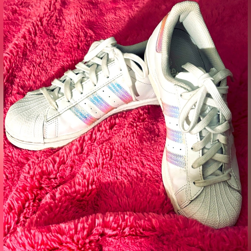 Brand New Adidas White Sneakers with iridescent Stripes